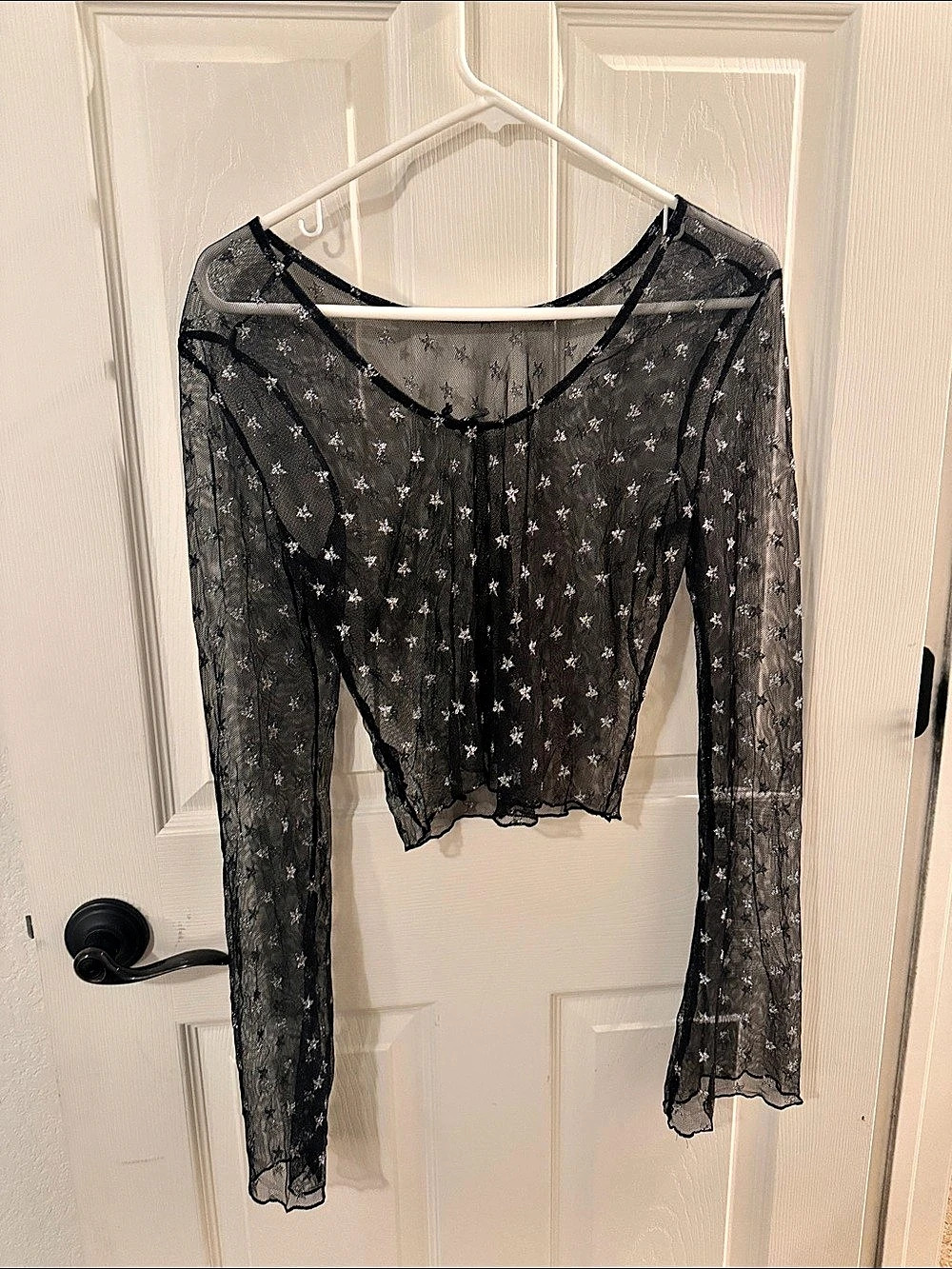 Out From Under Star Mesh Long Sleeve Blouse in Black & Silver Medium